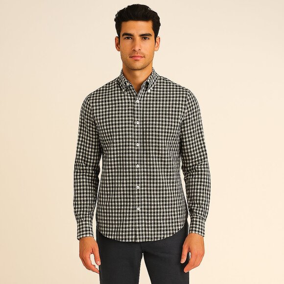 H&M Men Regular Black/White Gingham Pattern LS Button Down Shirt 100% Cotton XL - Picture 2 of 6